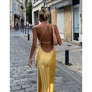Commense Moonlight Open Back Satin Slit Long Dress‎ Size Large
